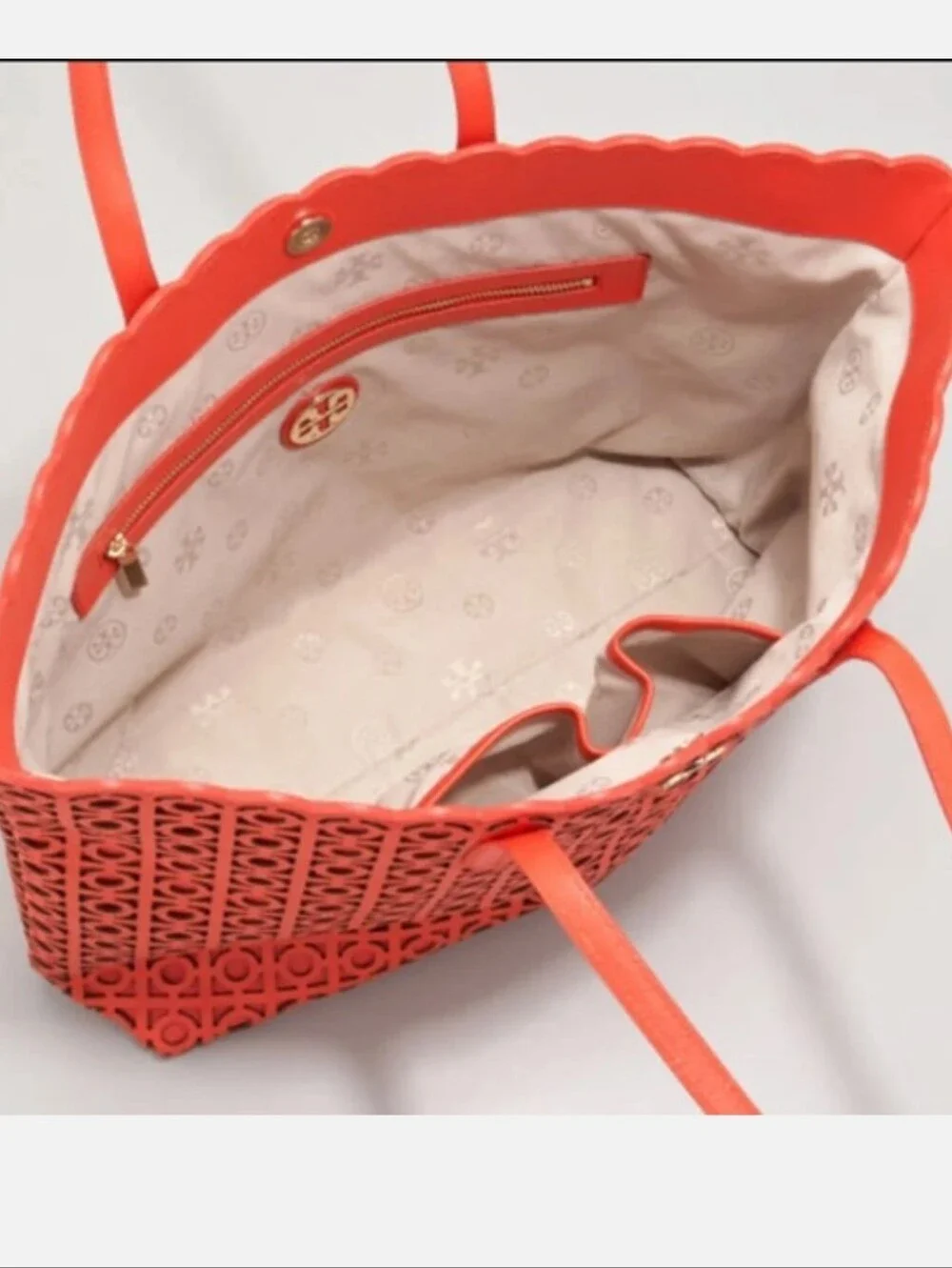 Tory Burch Coral Red Laser Cut Tote EUC